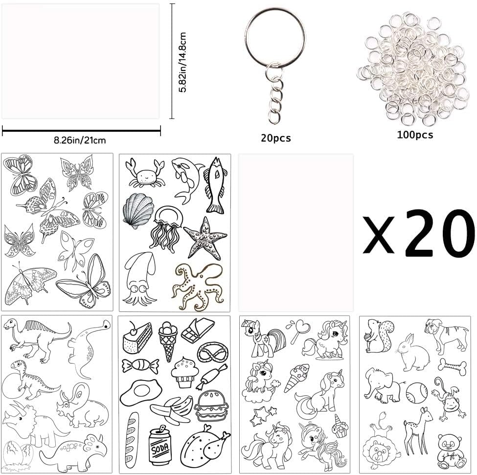 Natonhi Shrinky Dink Sheets Kit 145Pcs Shrink Art Kit Including 20pcs Shrinky Paper Sheets 6pcs Traceable Picture Keychains Accessories- Perfect for Shrink Paper Sheets Crafts Making