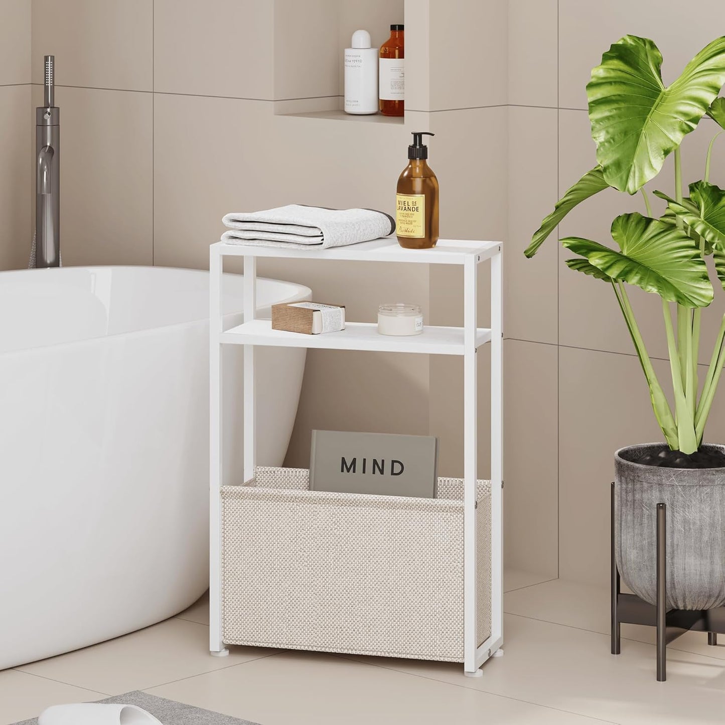 Narrow Side Table, Slim End Tables with Fabric Basket, Skinny Table for Small Spaces, Thin Bedside Table for Living Room, Bedroom (1, White + Camel Brown)