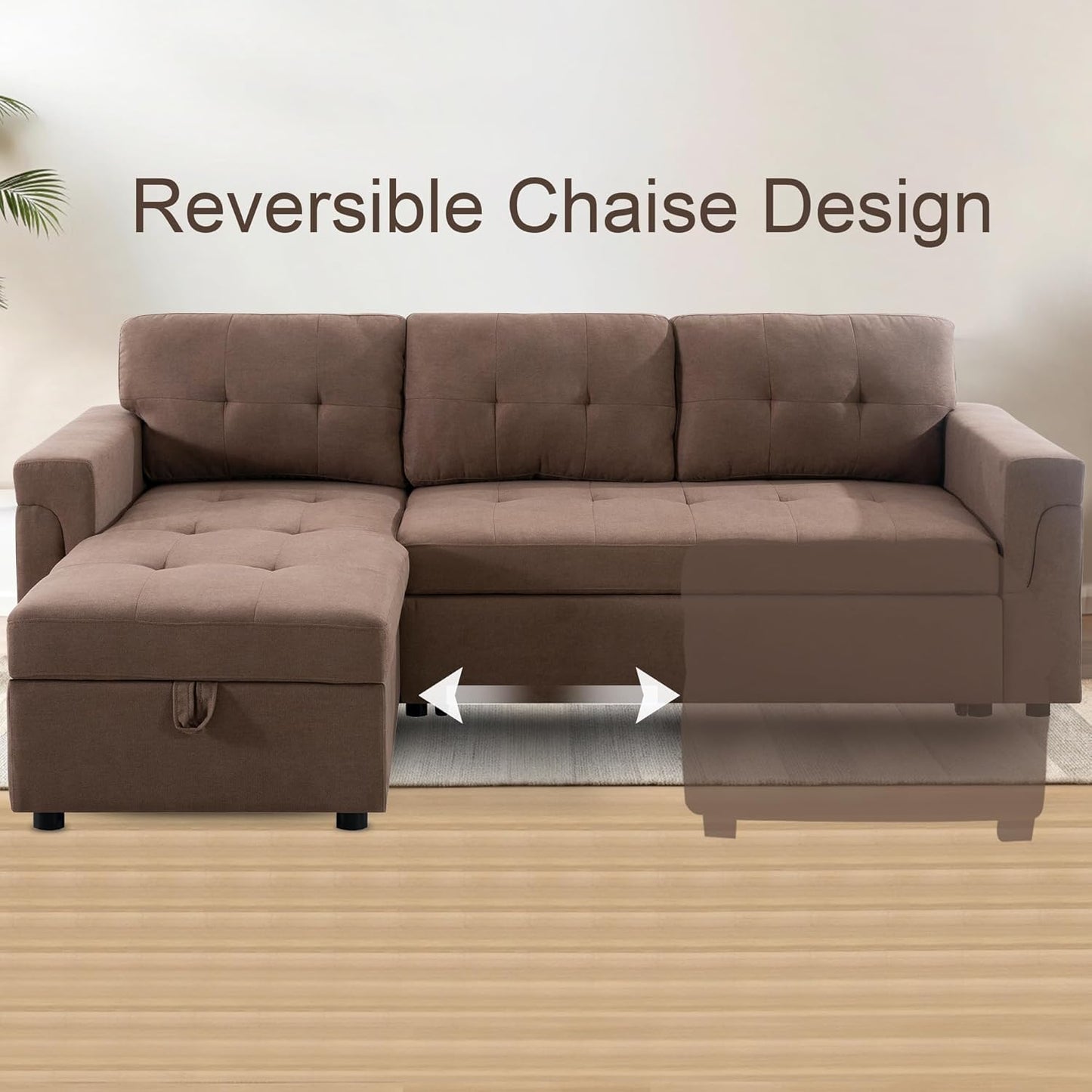 Naomi Home Transform Any Space: Sleeper Sectional Sofa with Convertible Sofa Bed & Inviting Chaise. Find Tranquil Comfort with Stress-Relieving Design & Durable Cushions - Mocha/Velvet