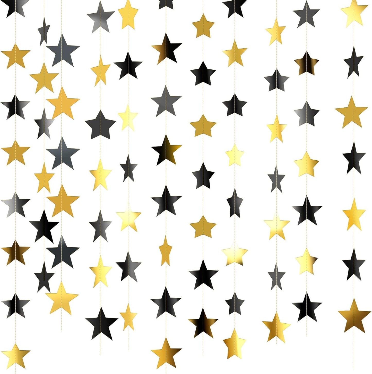 Patelai Glitter Star Garland Banner Decor 130 Feet Star Hanging Bunting Banner Twinkle Backdrop for Homecoming Classroom Wedding Birthday Halloween Christmas Party Supplies(Black, Gold)