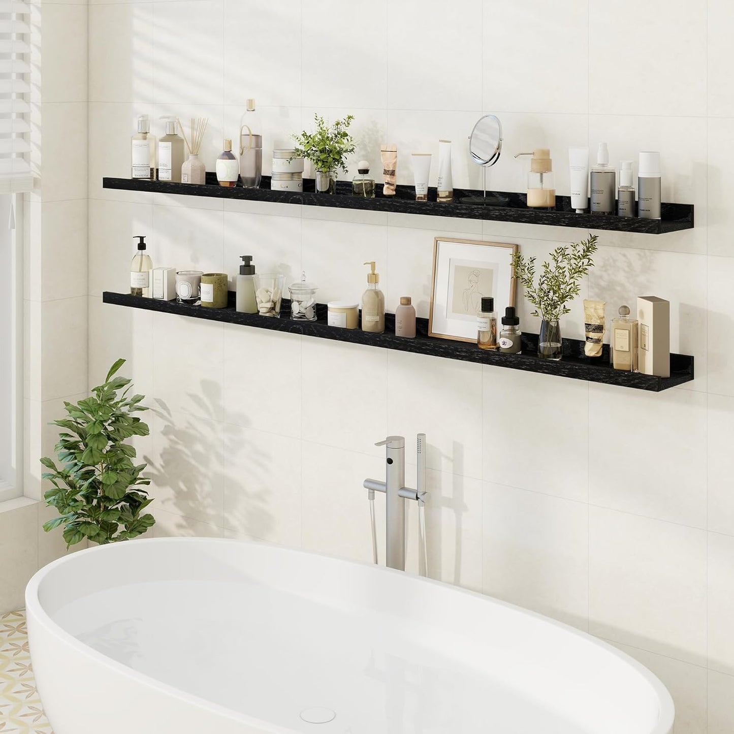 Floating Picture Ledge Shelves 72 Inch Solid Oak Wood Set of 2, Rustic Wall Storage Shelves with Lip, Kids Bookshelf, Photo & Picture Ledge Shelves for Bedroom, Living Room, Kitchen