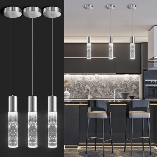 OKELI Modern Pendant Lights,LED Bubble Crystal Kitchen Island Light Fixtures,Chrome Mini Single Pendant Lighting for Kitchen Island,Bar,6W,6000K,ETL,3Pack