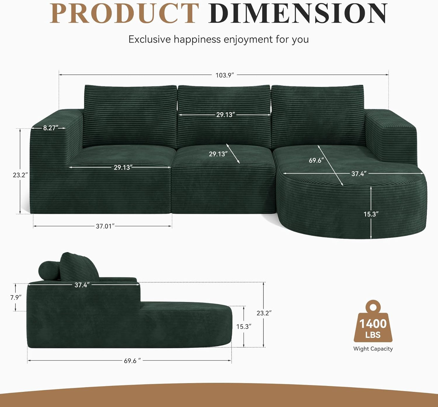 Modular Sectional Sofa with L-Shape Chaise,Cloud Sectional Modern Sleeper Couch with Deep Seat,Sponge Compression Sofas No Assembly Required(Green-Corduroy Fabric) 1PCS