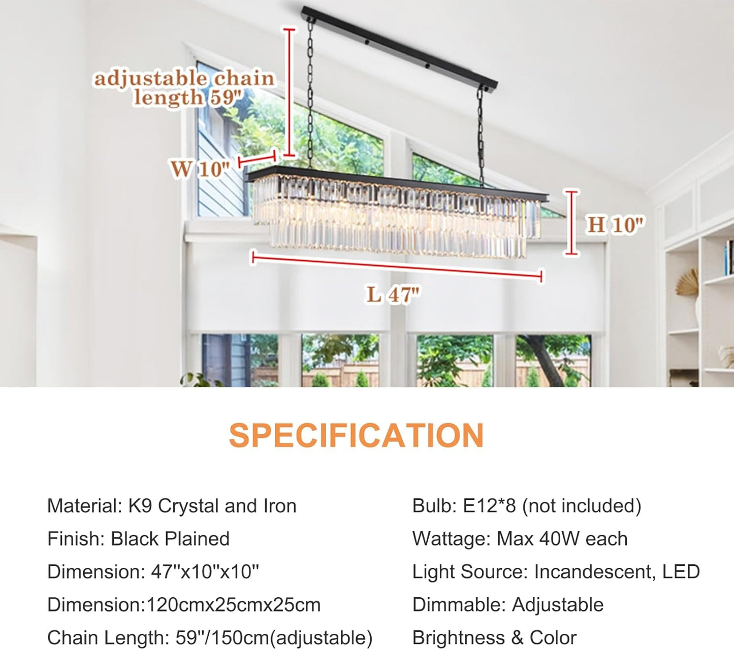 Rectangle Crystal Chandelier Black Modern Linear Chandelier Contemporary Pendant Light Fixture 8-Light Hanging Ceiling Light for Dining Room Living Room Kitchen Bedroom Foyer 47''