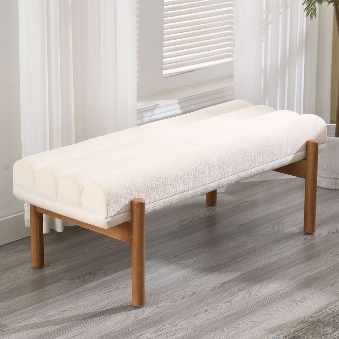 White Modern Bench Upholstered End of Bed Bench Chenille Fabric Bedroom Bench for Entryway Living Room Vanity Makeup Room, 47" Long, Wooden Legs