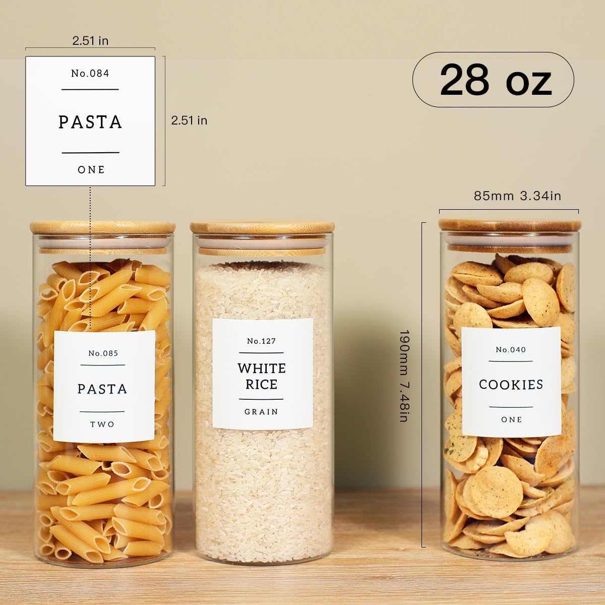 6 Pack Glass Jar with Airtight Bamboo Lid and White 132 Kichen Pantry Labels Preprinted - 28 Oz Clear Round Glass Food Storage Containers set For Tea Coffee Bean Cookie