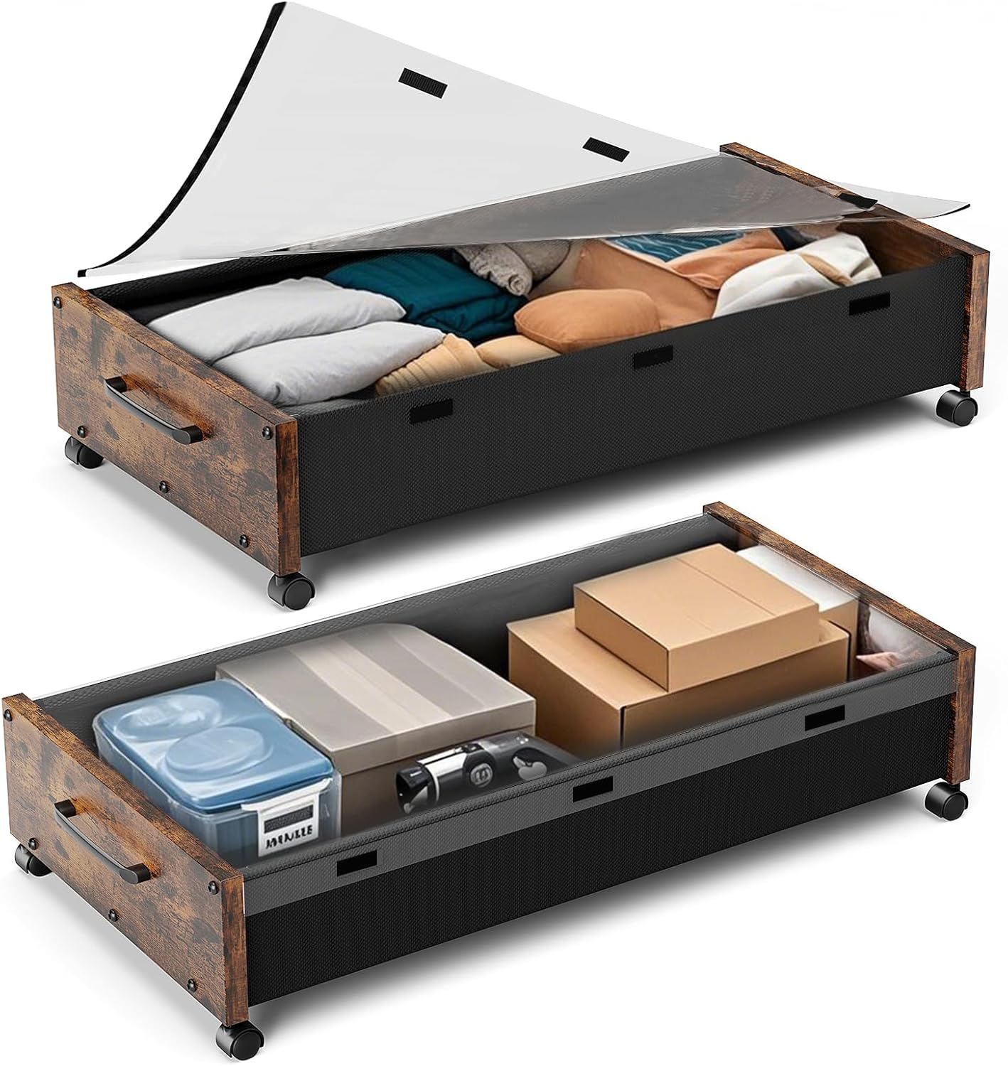 Wooden Under Bed Storage with Wheels, 80L Extra-large Rolling Under the Bed Storage Bins 2 Pack with Removable Lid, Upgrade Metal Under Bed Drawers for Clothes Shoes Blankets in Bedroom