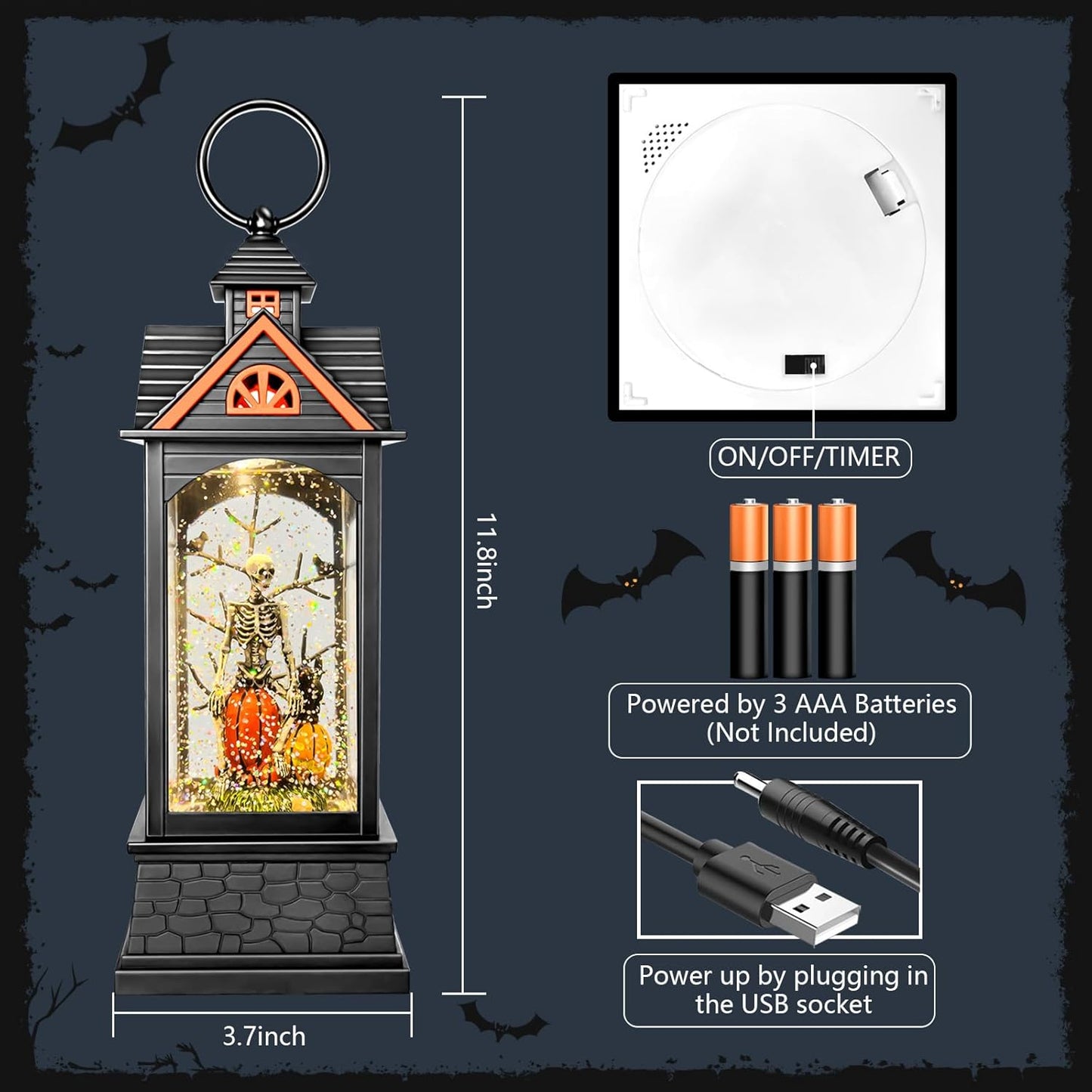 Halloween Snow Globe Lantern, Spooky Ghost Halloween Decor, Plug-in & Battery Operated Snow Globes for Halloween Decorations Indoor