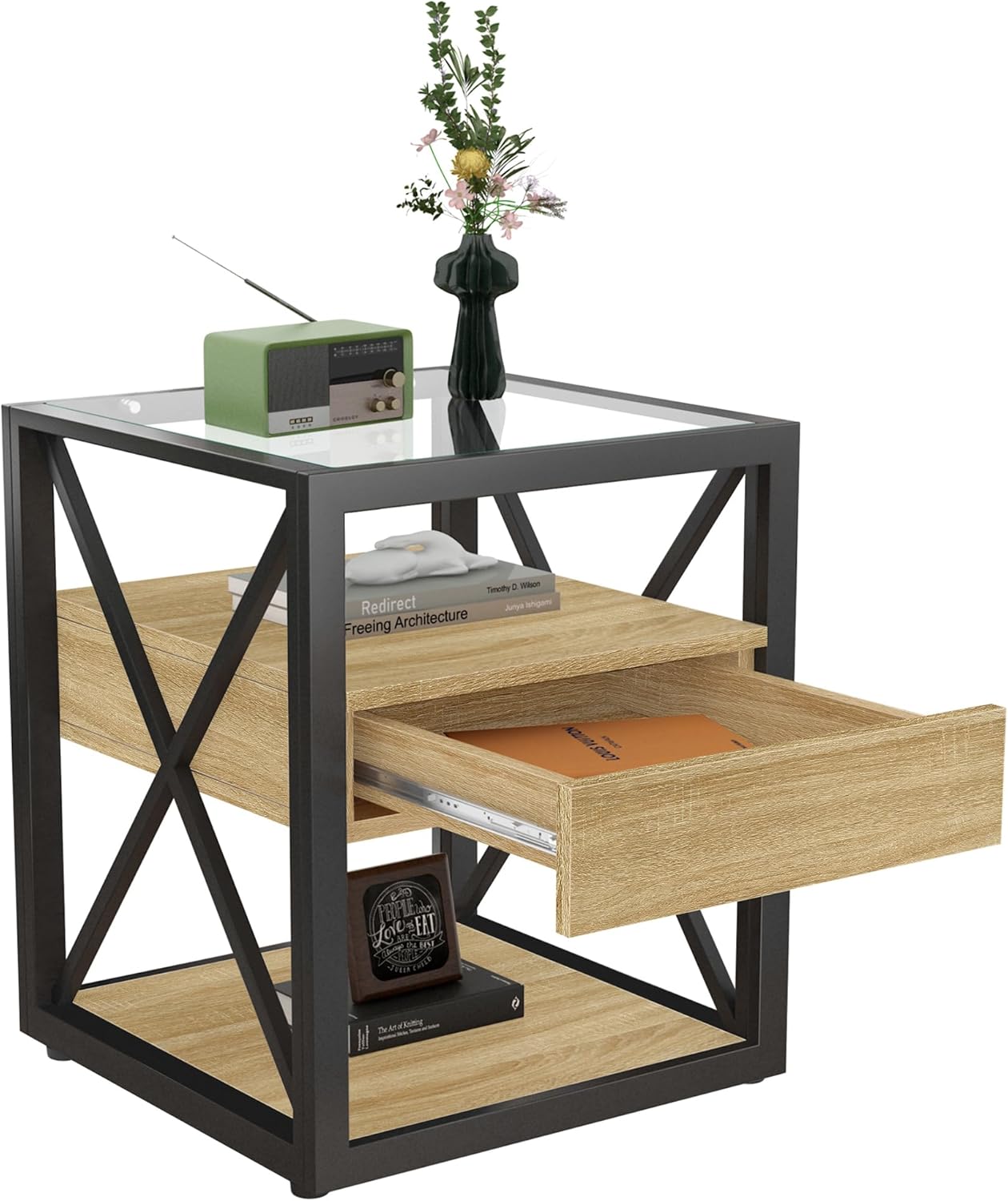 Farmhouse End Table, Modern Side Table with Drawer&3-Tier Storage Shelf, Square Rustic Nightstand, Accent Tea Table, for Bedroom Office Living Room, Brown, Natural Wood, Glass, Metal