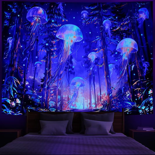 Blacklight Forest Jellyfish Tapestry UV Reactive Nature Tree Tapestry Trippy Fantasy Starry Sky Tapestries Aesthetic Jungle Plants Tapestries Wall Hanging for Bedroom