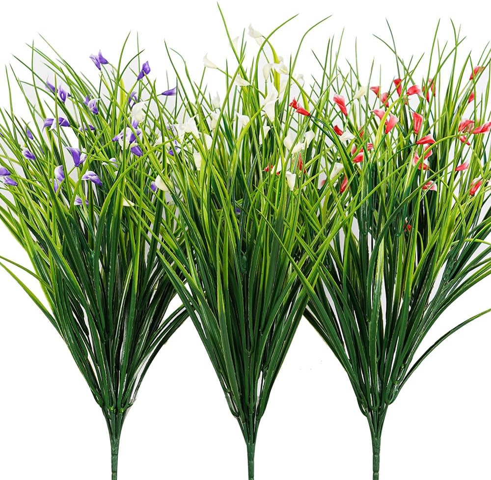 Melorca&Guilla Artificial Plants Outdoor 6PCS 23“ Fake Tall Grass,Fake Outdoor Plants,Faux Plants with Flowers for Garden Porch Window Box Shop Office Home Décor