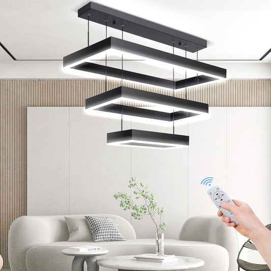 Modern 3 Rings Rectangle Chandelier for Living Room - Adjustable Height Luxury Foyer Lighting Fixture for High Ceiling, Hanging Dining Room LED Pendant Light