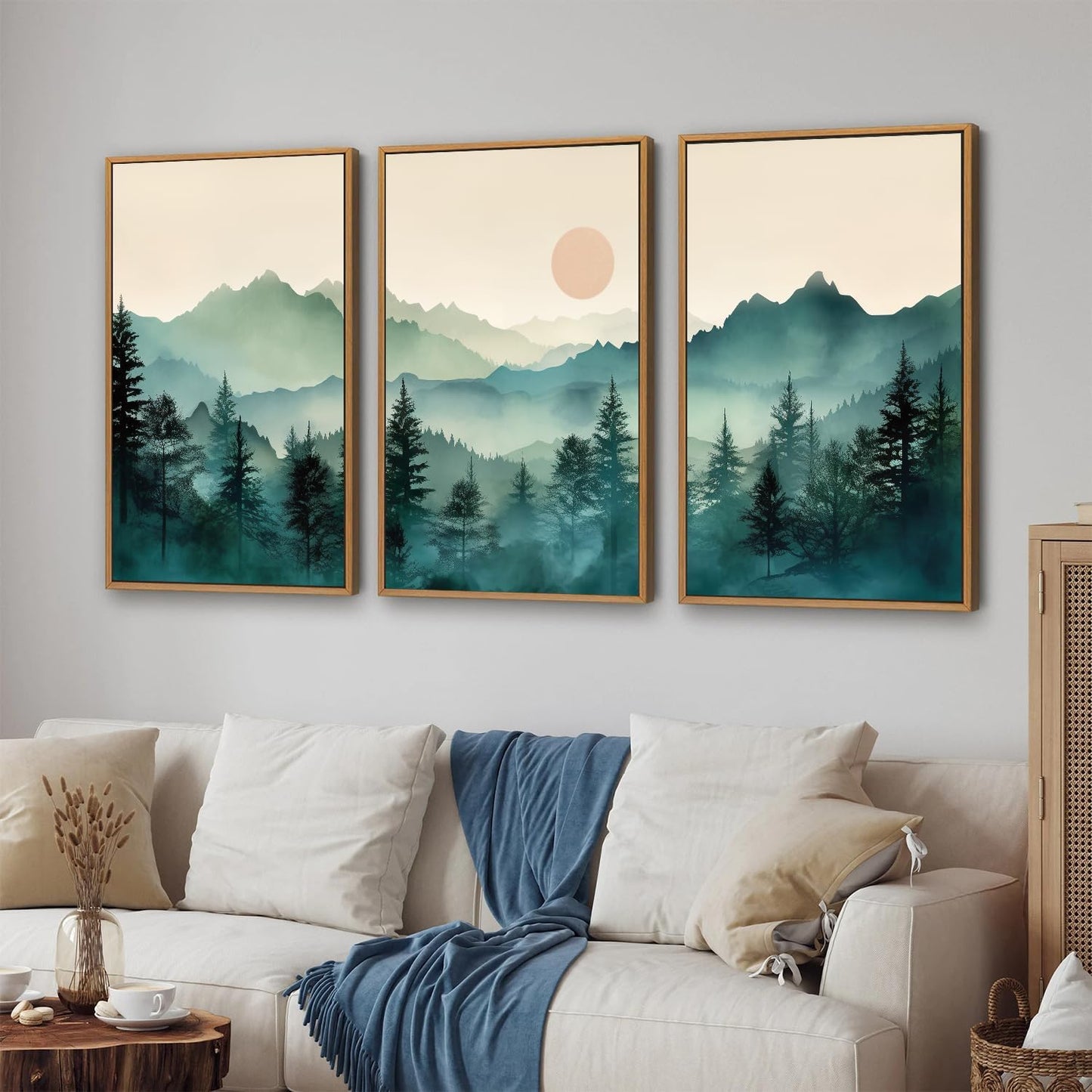 SIGNINART Large Boho Mountain Framed Canvas Wall Art Set, Nature Pine Tree Wall Painting, Abstract Foggy Forest Wall Decor, Modern Sunrise Art Prints for Bedroom Living Room and Office - 16"x24"x3