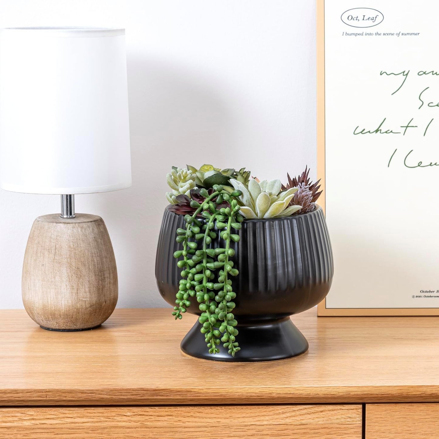 MyGift 8 Inch Modern Green Artificial Succulent Arrangement Potted in Matte Black Fluted Ceramic Round Planter, Decorative Plant Pot with Assorted Faux Mini Succulents