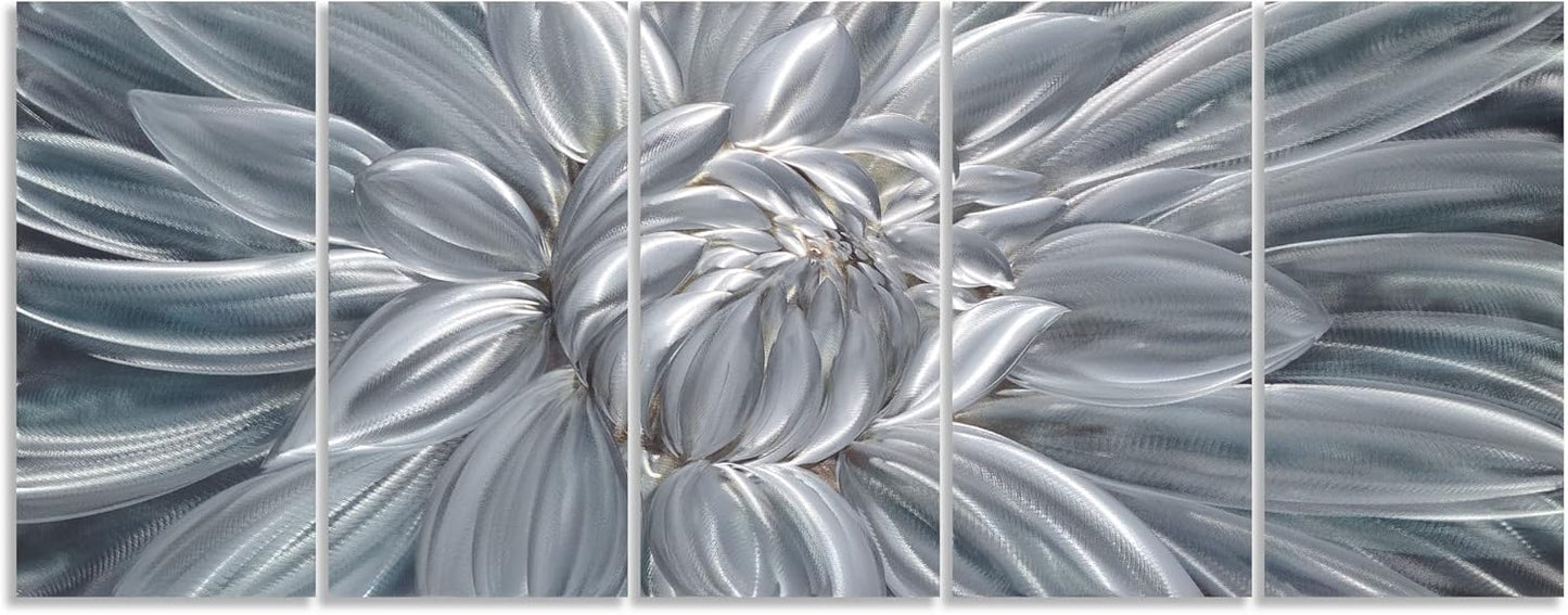 Yihui Arts Silver Metal Flower Wall Art, 5 Pieces Aluminum Artwork, Contemporary Botanical Sculpture for Living Room Bedroom Bathroom Decor