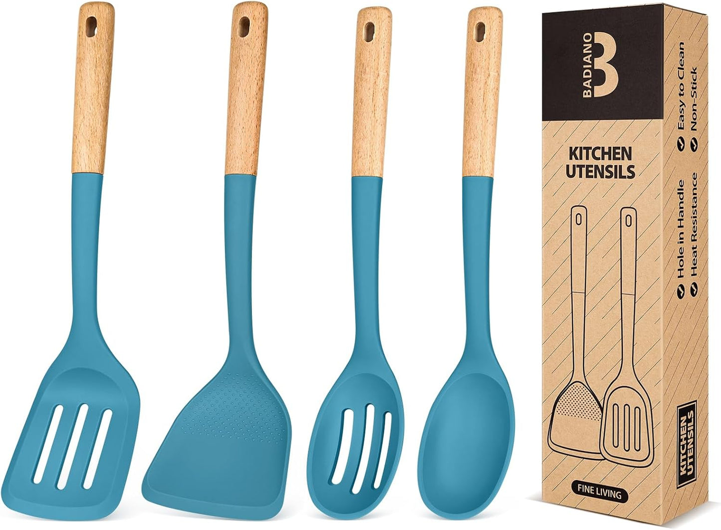 Silicone Cooking Utensils Set, Perfectly Angled for Frying, Mixing,Serving,Draining,Turning and Stirring, BPA-Free Matte Silicone, Wood Handles, Safe for Nonstick Cooking Surfaces,4 Pack (Blue)