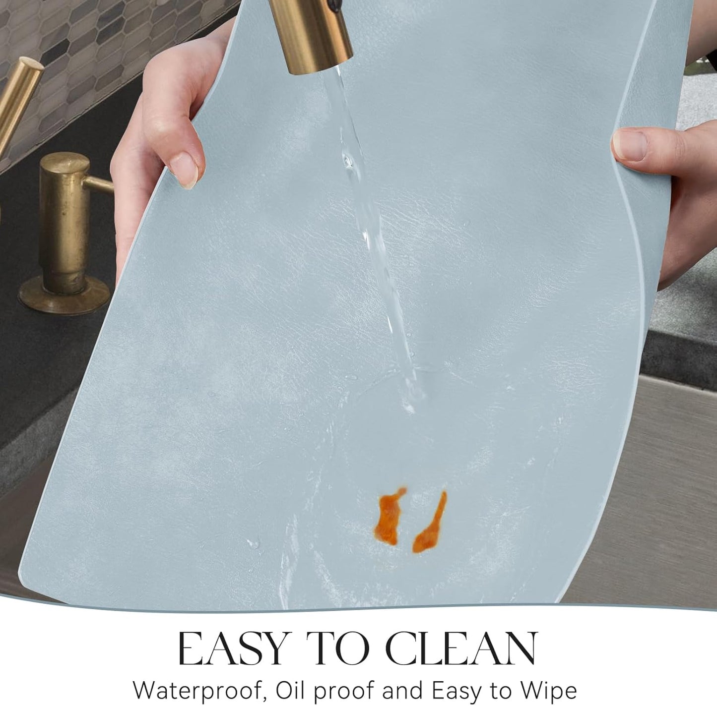 MOSAYT Vinyl Placemats Set of 4-12 X 17 Inch - Faux Leather 100% Waterproof Oil-Proof Wipeable PU Place Mats, Heat Resistant Reversible Table Mats for Kitchen, Dining, Outdoor (Light Grayish Blue)