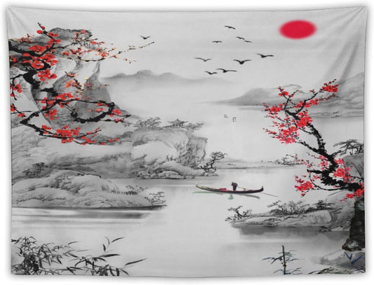 Cherry Blossoms Tapestry, Japanese Red Landscape Watercolor Abstract Art, Asian Japanese Wall Tapestry, Nature Landscape Tapestries for Bedroom Living Room Decor 60"x40"
