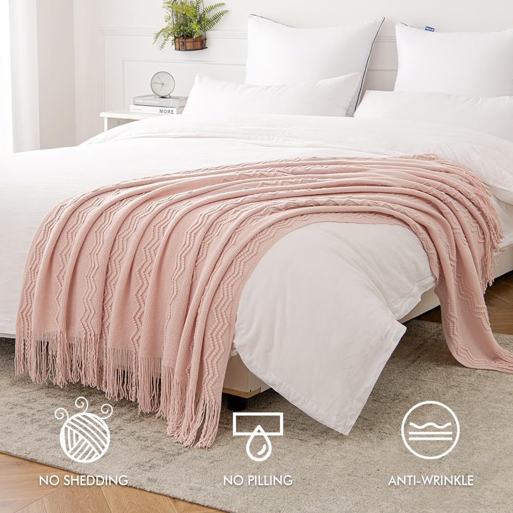 MIULEE Light Pink Knitted Throw Blanket for Couch Bed, Boho Textured Cozy Woven Decorative Farmhouse Blanket with Tassels for Sofa Chair Living Room 50"x60"
