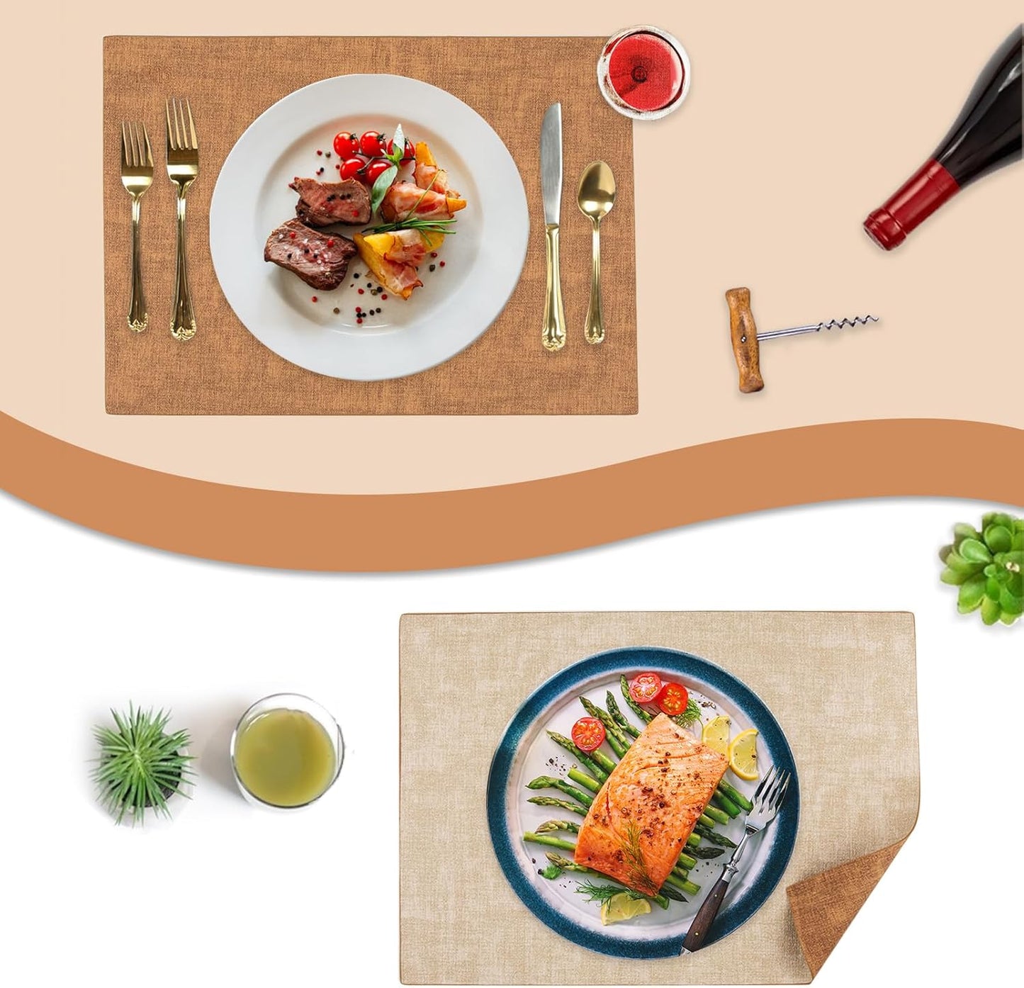 SUEH DESIGN Leather Placemats Set of 6 Reversible Table Mats Heat Resistant Waterproof No-Slip Place Mats for Dining Table Kitchen Parties, Camel and Beige