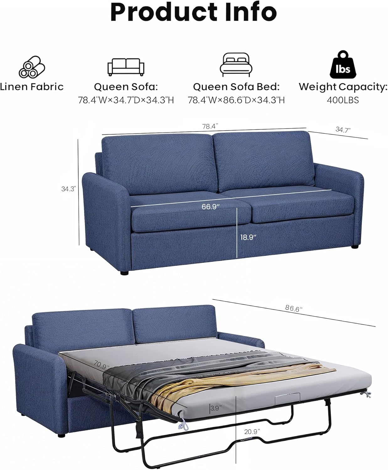 Queen Pull Out Sofa Bed, 2-in-1 Convertible Sleeper Sofa Couch with Memory Foam Mattress – Space-Saving Sofa Bed Queen for Living Room & Guest Room, Navy Blue