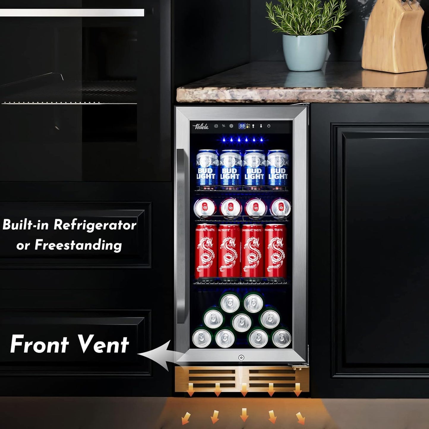 15'' Beverage Refrigerator and Beer Fridge Under Counter Built-in or Freestanding,127 Cans Beverage Cooler with Glass Door and Lock for Bottles and Cans Beer/Soda/Water/Wine