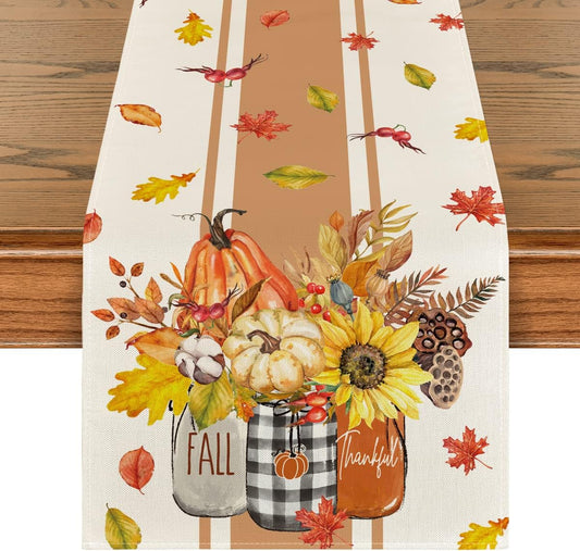 Artoid Mode Thankful Fall Pumpkin Leaves Floral Vases Table Runner, Autumn Thanksgiving Kitchen Dining Table Decoration for Home Party Decor 13x72 Inch