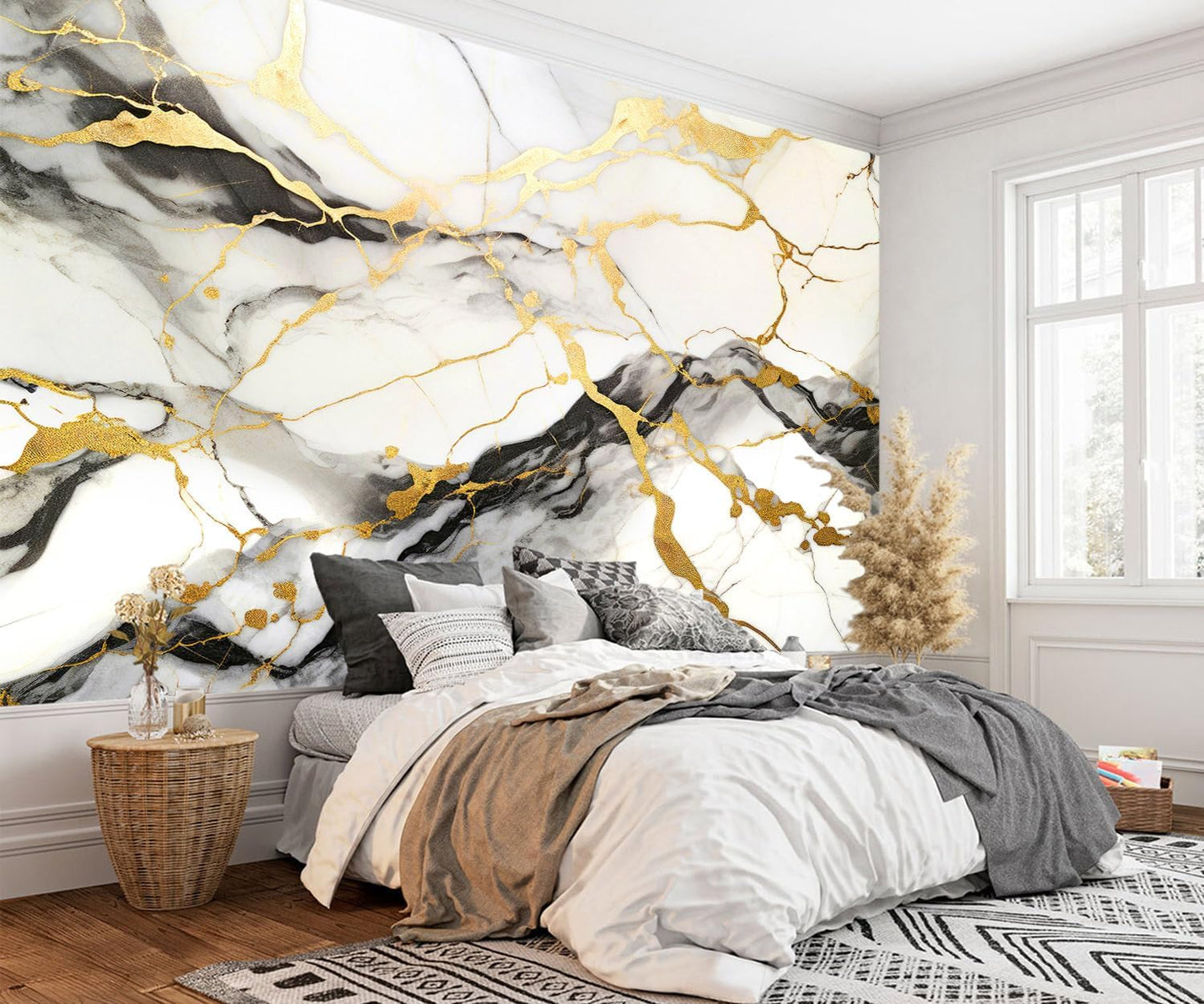 AFZEVEB-Black and Gold Marble Wallpaper Wall murals for Bedroom 182"x120" (Not Peel and Stick)