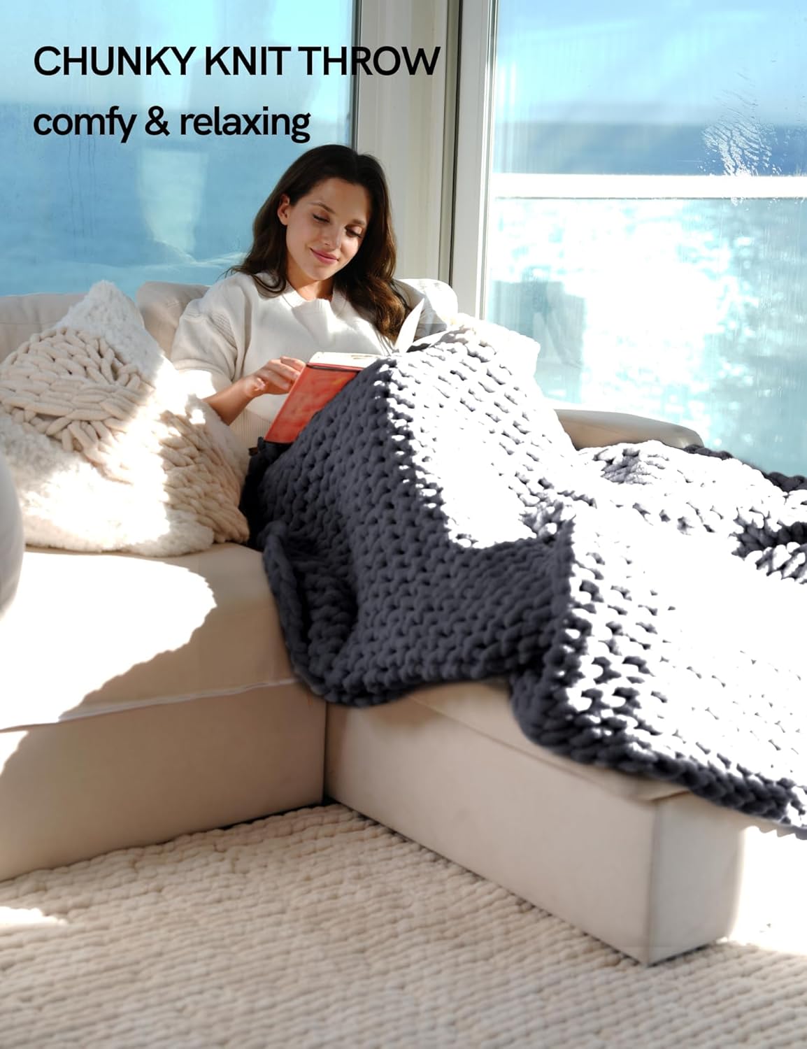 YnM Chunky Throw Blanket, Medium-Weight, Hand Knitted with Chenille Yarn, Skin Friendly, Ventilated and Breathable, Machine Washable, Home Décor Piece for Couch, Sofa and Bed (Lava Grey, 40x50 Inch)