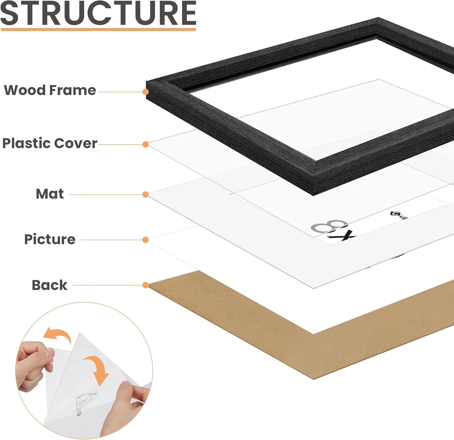 upsimples 8x10 Picture Frame, Natural Solid Wooden Picture Frames, Display 5x7 with Mat or 8 x 10 Without Mat, Wall or Tabletop, 1 Pack, Black