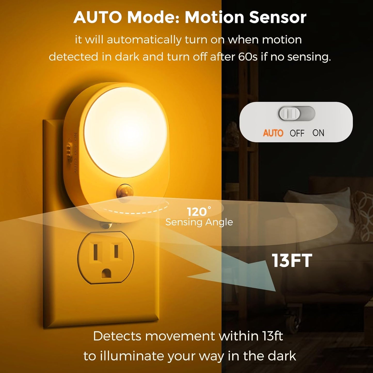 L LOHAS LED Motion Sensor Night Light,[2-PACK] Night Lights Plug into Wall,Motion Sensor and Dusk to Dawn Sensor,2000K Amber Light,Brightness Adjustable,Nightlight for Bathroom Hallway Halloween