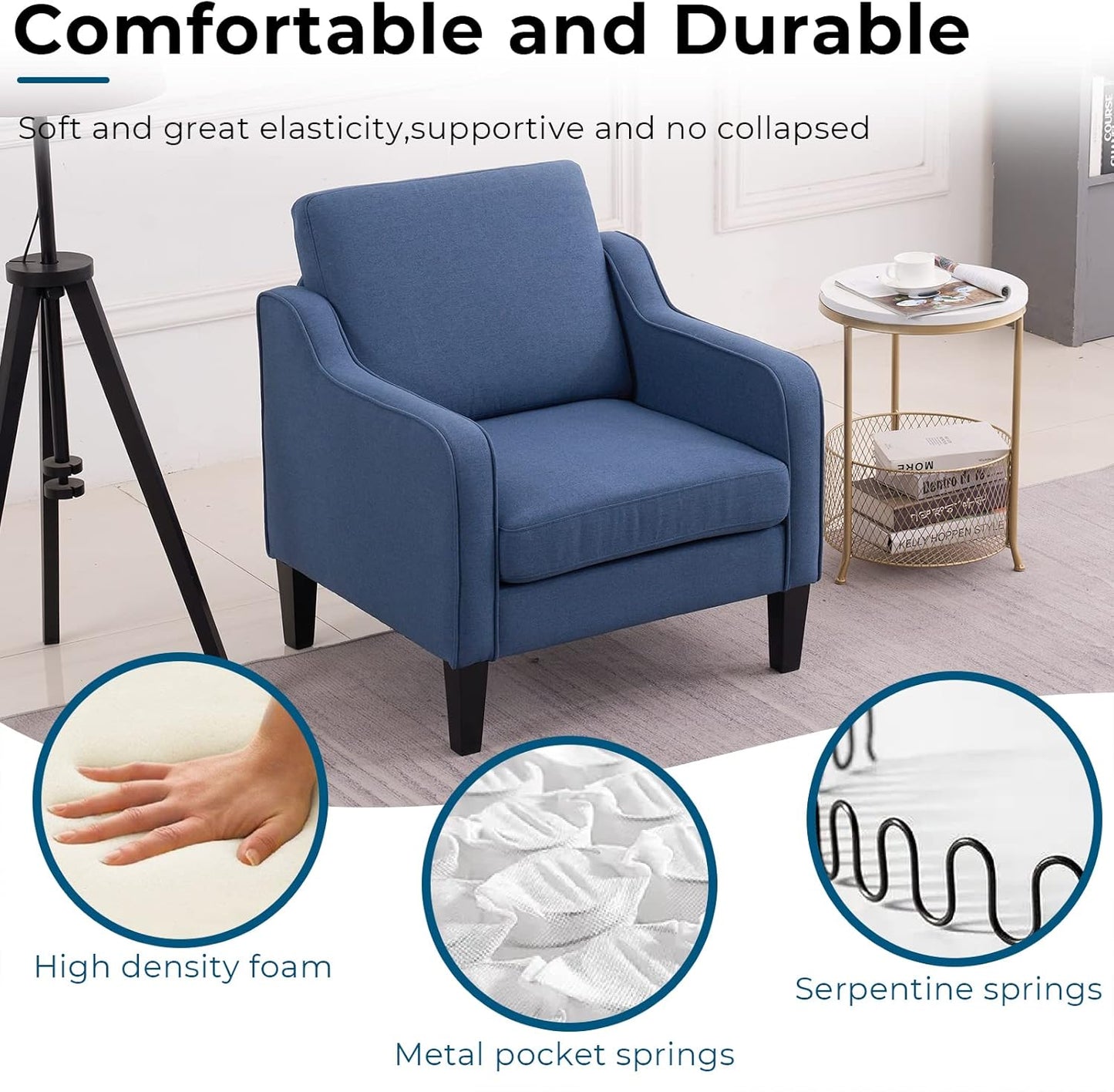 VINGLI Modern Accent Chairs Set of 2, Blue Living Room Chairs Comfy Armchair for Bedroom, Upholstered Sofa Chair Reading Chair for Small Spaces, Apartment, Waiting Room