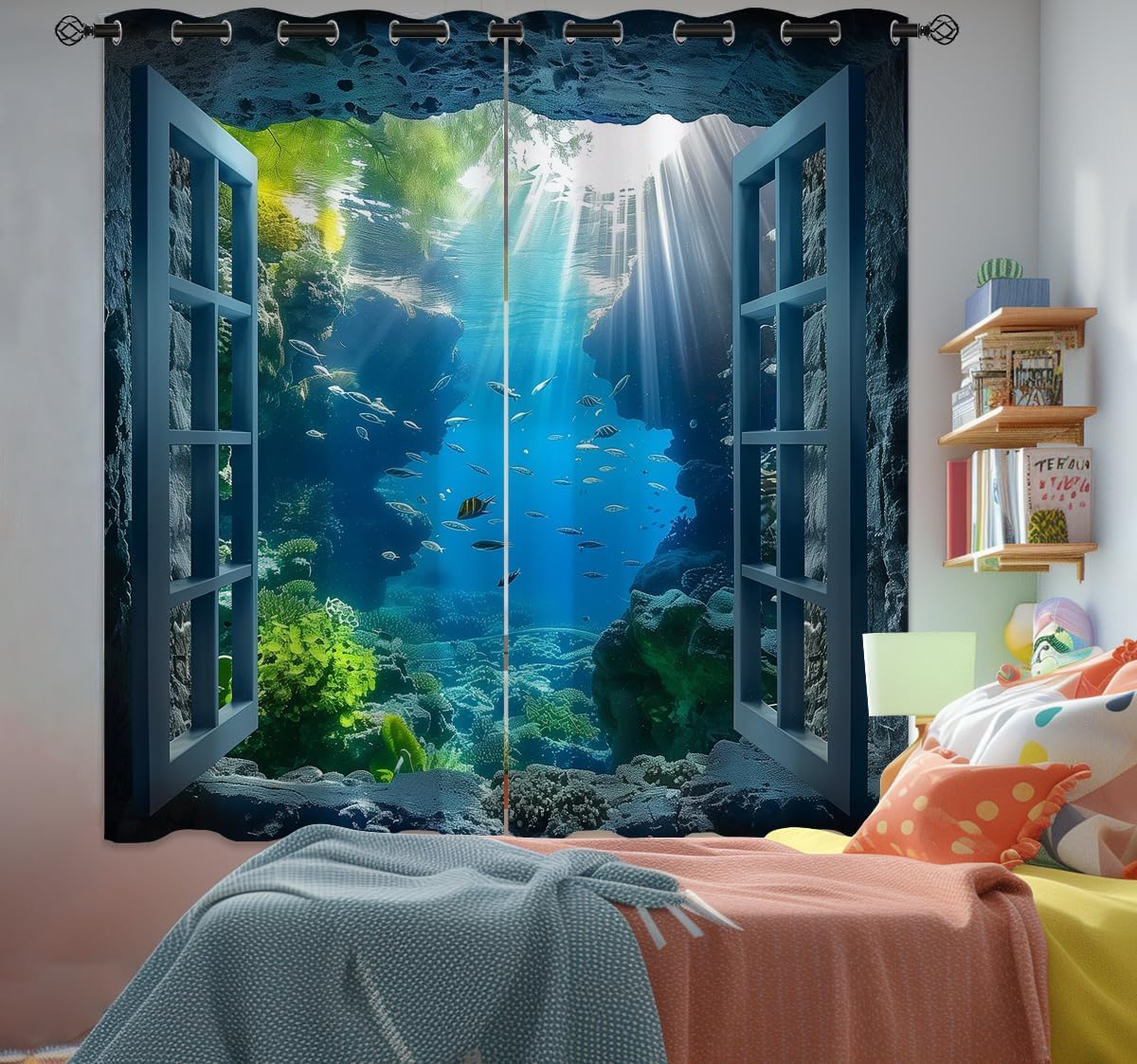 Ocean Fishs Blackout Curtains for Girls Boys Home Decor, Underwater Tropical Fish Undersea Coral Grommet Thermal Insulated Drapes Darkening Window Curtain for Bedroom Living Room, 42 x 63 Inch