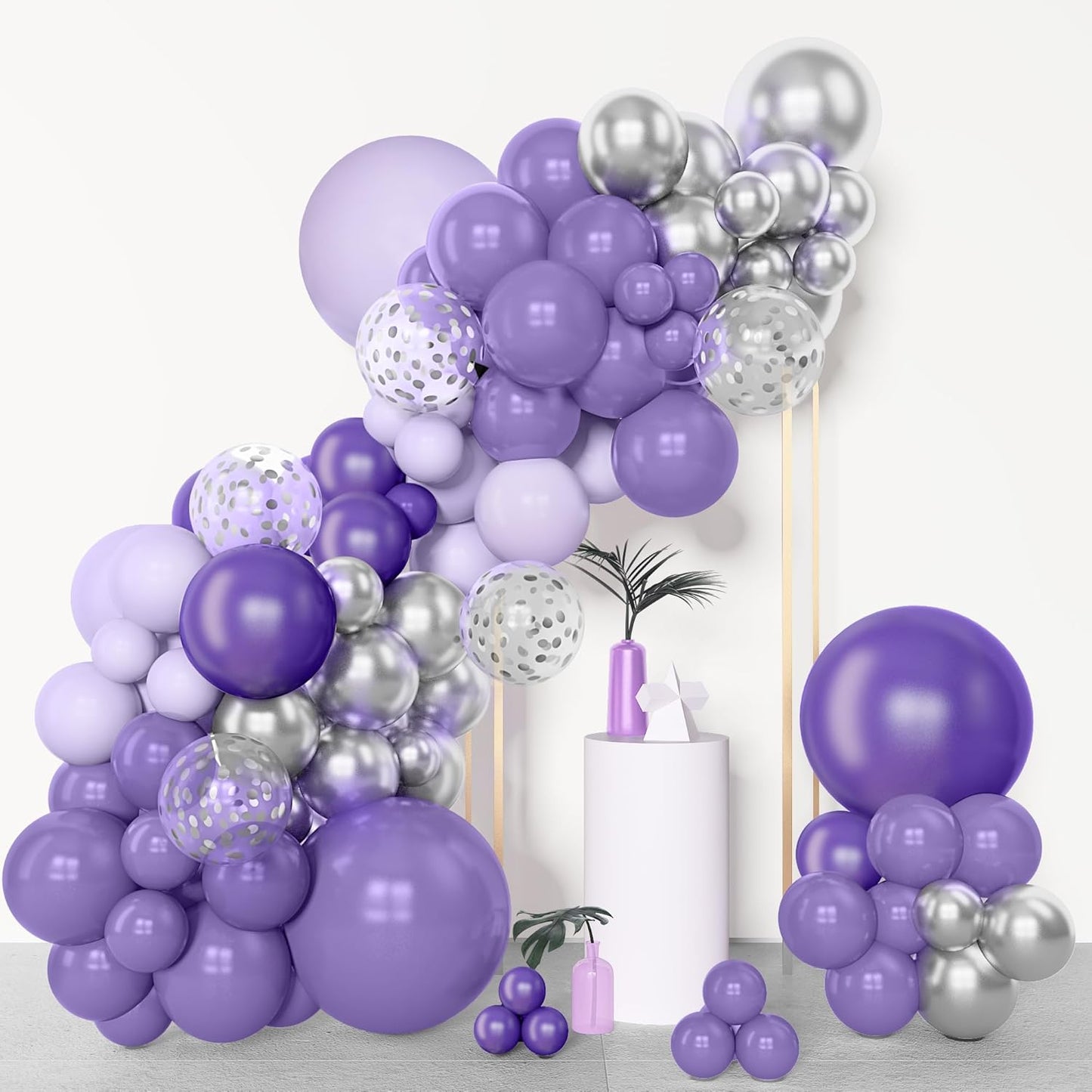 Amandir 153pcs Purple Balloon Garland Arch Kit, Different Sizes 18 12 10 5 inch Lavender Latex Metallic Confetti Silver Balloons for Girls Women Wedding Birthday Baby Shower Party Decorations Supplies
