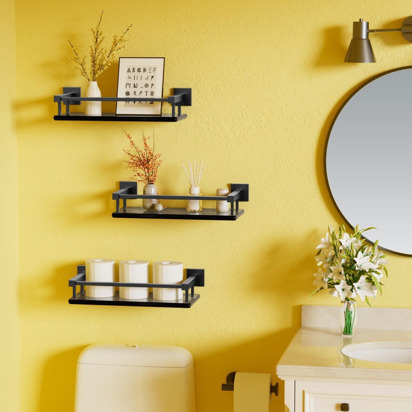 Alise Bathroom Glass Shelf with Stainless Steel Railing, Matte Black Small Tempered Glass Floating Wall Shelf Over The Toilet, 16 inch