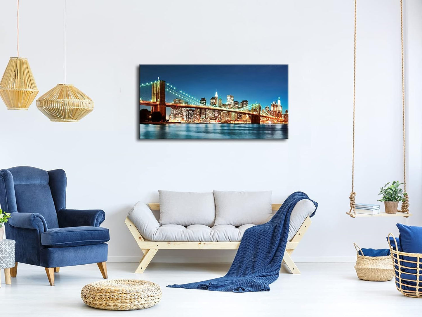Pyradecor Large Modern New York Cityscape Canvas Wall Art Brooklyn Bridge Night View Canvas Prints Stretched Landscape Pictures Paintings Artwork for Living Room Home Decorations L