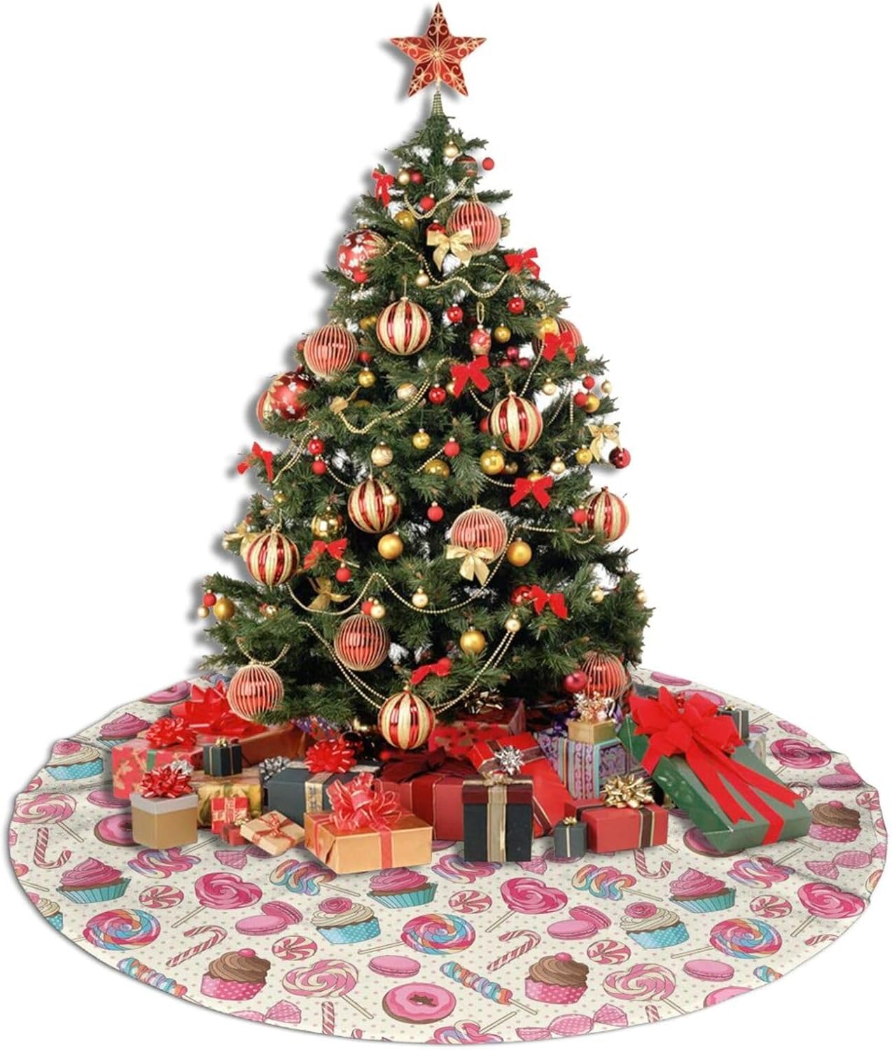 Christmas Tree Skirt,Sweet Lollipop Candy Macaroon Cupcake Donut Xmas Tree Skirt Rustic Farmhouse Tree Skirt for Christmas Decor Xmas Holiday Home Party Decorations30