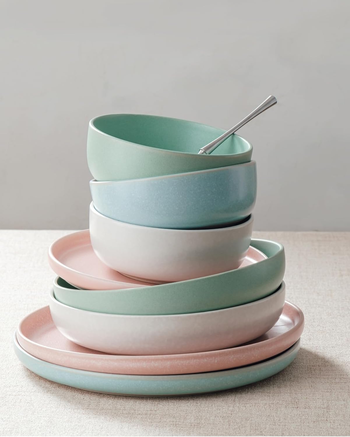 Famiware Milkyway Plates and Bowls Sets, 12 Pieces Dinnerware Sets, Reactive Glaze Dish Set, Stoneware Dishes Set for 4, Matte Multi-color