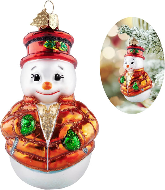 Snowman Christmas Ornaments,Blown Glass Ornaments for Christmas Tree,Leaf Hat Snowman Collection Figurine Hanging Ornament,Christmas Decorations for Xmas Tree Birthday Party Home Gifts