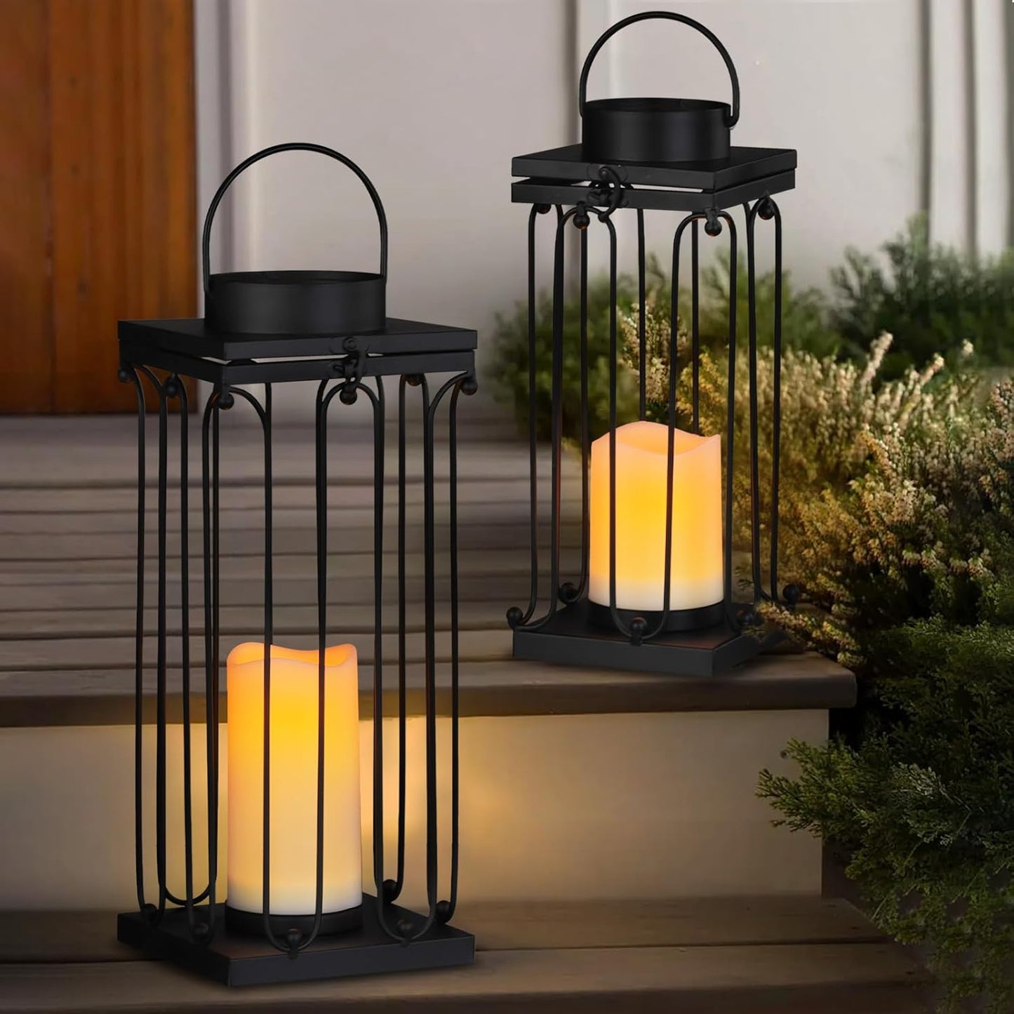 Solar Lantern Decorative Outdoor Set of 2 (18’’ & 15’’) Modern Black Metal Lanterns with Solar Candles, Decorative Candle Lanterns for Outdoor Porch, Patio, Garden, Yard Decor