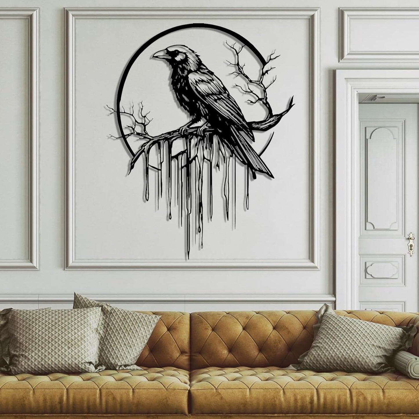 Crow Metal Wall Decor, Raven Wall Art, Large Gothic Raven Decor Hangings, Bird Wall Decor, Metal Tree Branch Decor, Ravens Sign, Raven Art for Living Room (Silver, 24"x19" | 60x48cm, metal wall art)