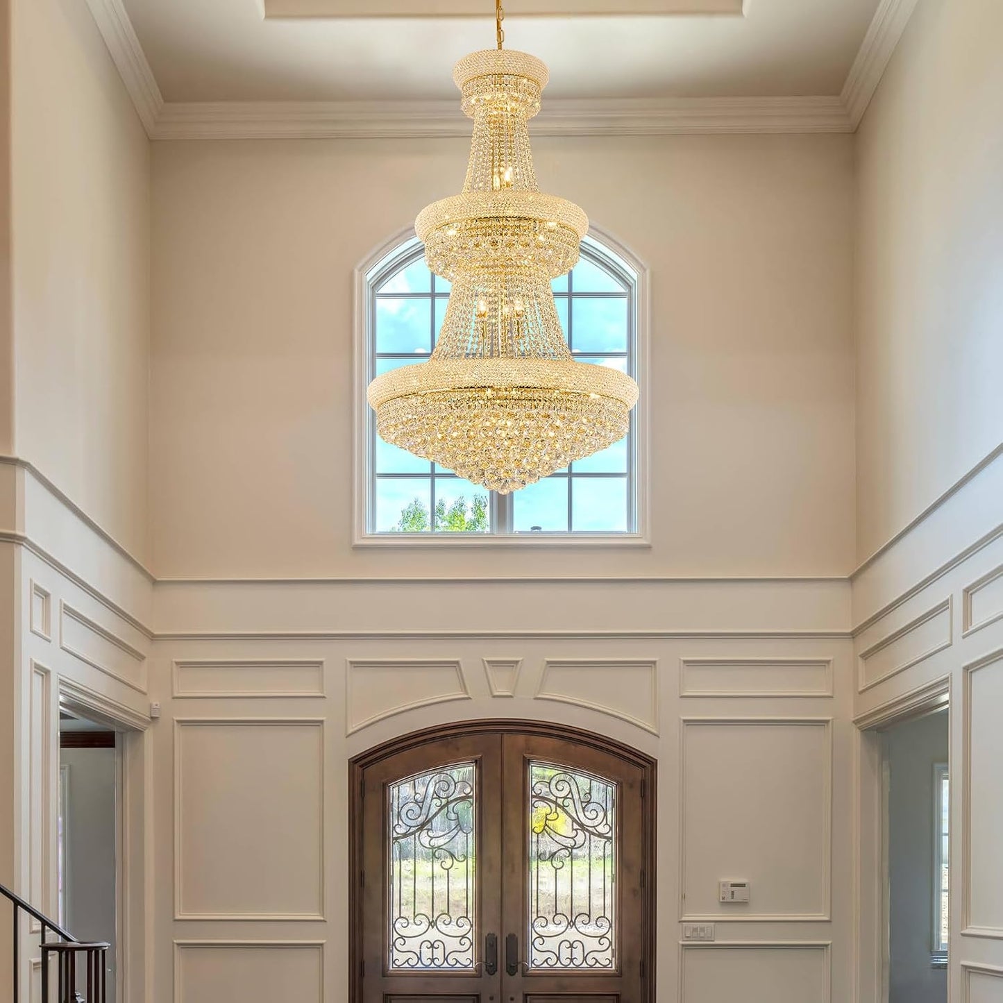 31 - Light Large Empire Crystal Chandelier for High Ceiling Foyer Entryway Staircase Living Room Dining Room Gold Finish