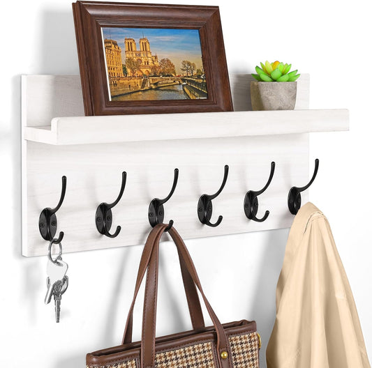 Shelf with Hooks, Coat Rack Wall Mount with 6 Double Metal Hooks, 17 Inch Farmhouse Wall Hooks with Shelf for Entryway, Bathroom, Kitchen, White