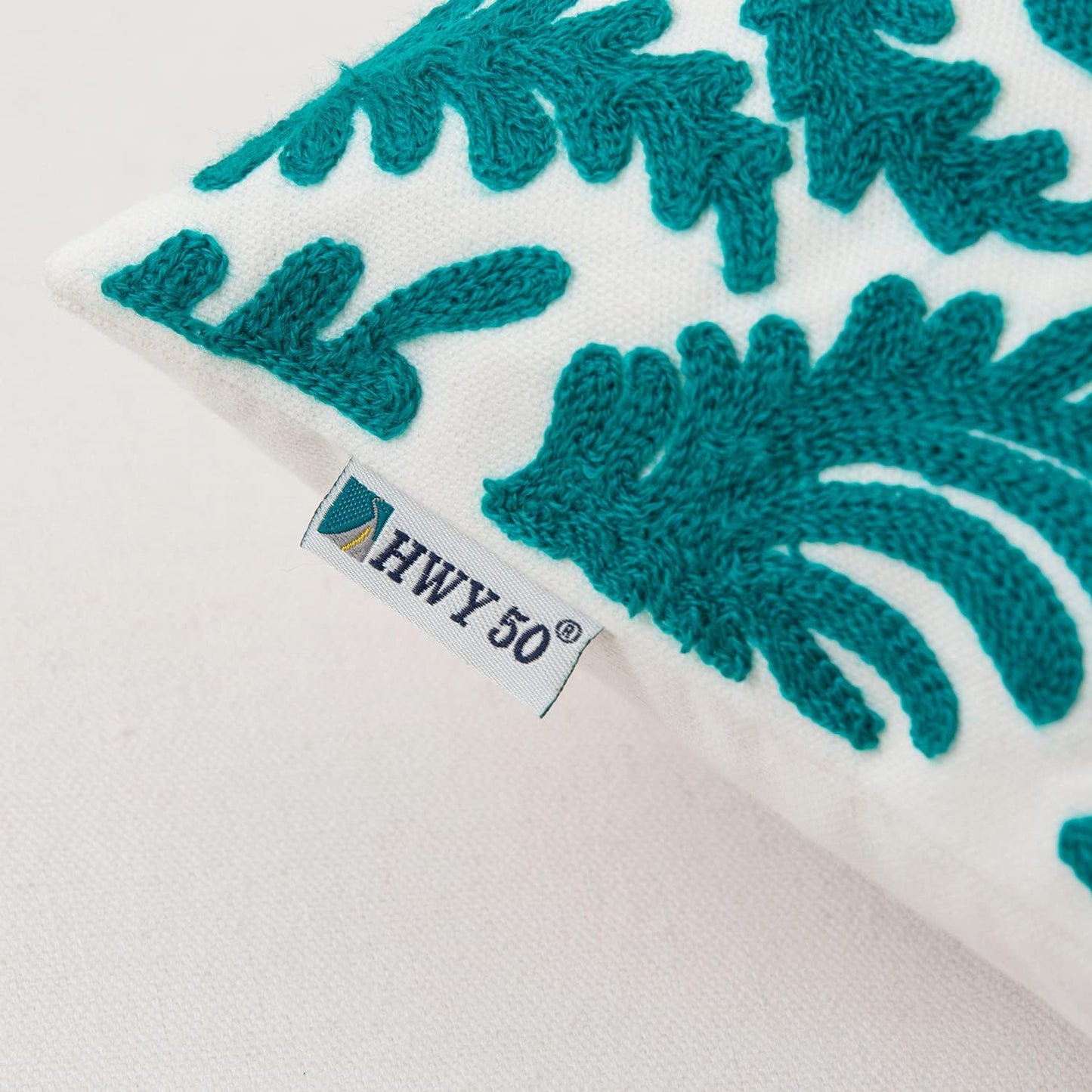 HWY 50 Teal Decorative Throw Pillow Covers 18x18 Inch (1 Piece), Embroidered Cotton Farmhouse Cushion Cover Pillow Case for Sofa Couch Living Room Bed Bedroon, Floral Branches