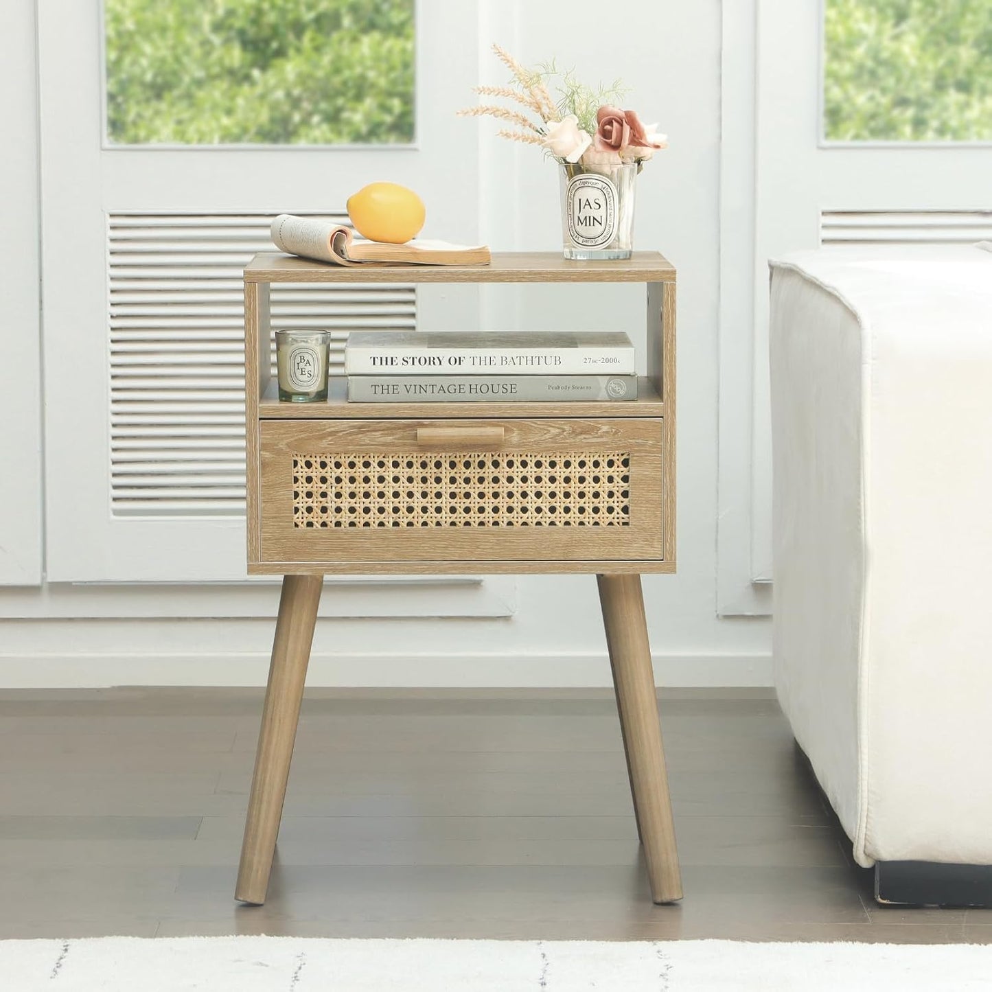 MaxSmeo Rattan Nightstand with Drawer, Mid Century Modern Wood Bedside Table for Living Room, Bedroom and Small Spaces (Rustic Walnut)