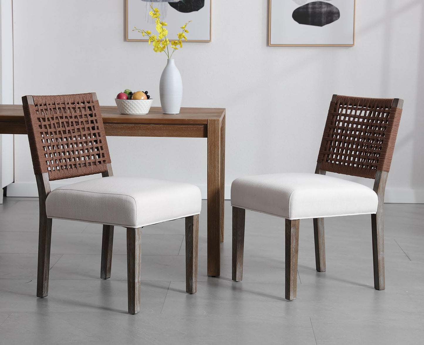 Kmax Farmhouse Dining Chairs Set of 6, Rustic Kitchen Chairs with Linen Fabric Seat and Woven Back, Vintage Accent Chairs for Dining Room, Living Room, Beige