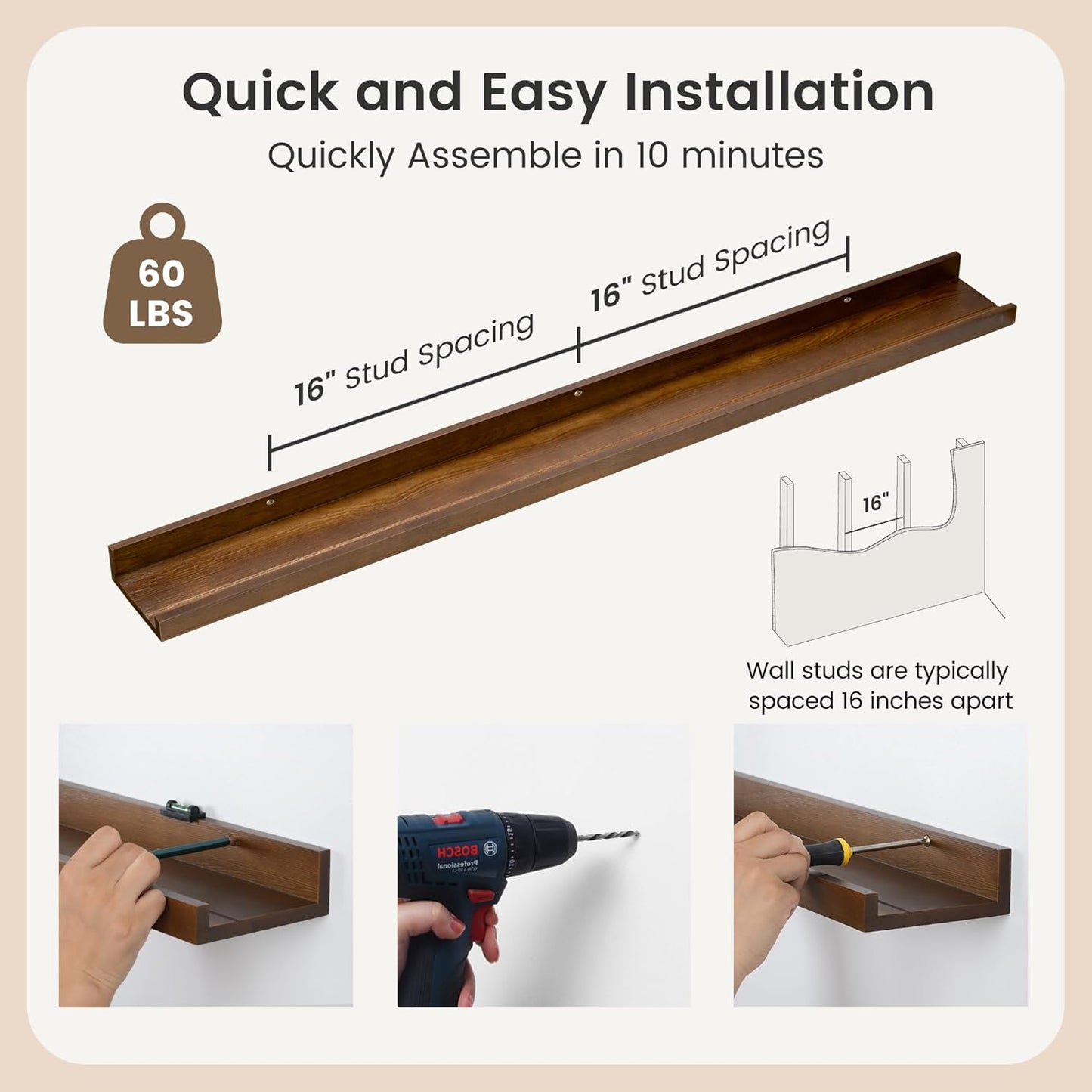 Picture Ledge Wall Shelves 48 Inches Width Set of 3, Solid Pine Wood Rustic Floating Ledge for Kids' Room Bedroom Kitchen Bathroom, Long Floating Shelves for Wall Decor, Walnut