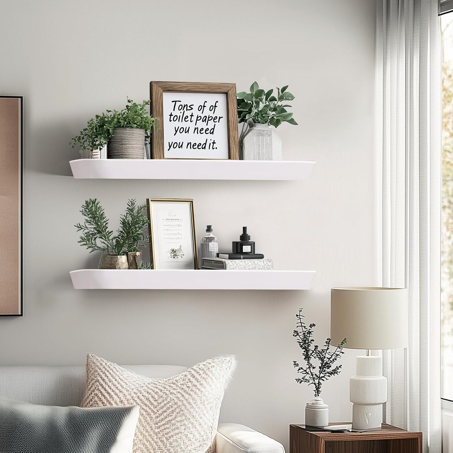 24"x6.8"x1.6" Slanted Floating Wall Shelves 2-Pack - Rustic White Finish, Heavy-Duty Solid Wood Design with Hidden Brackets - Perfect for Living Room, Kitchen, Bathroom, or Office