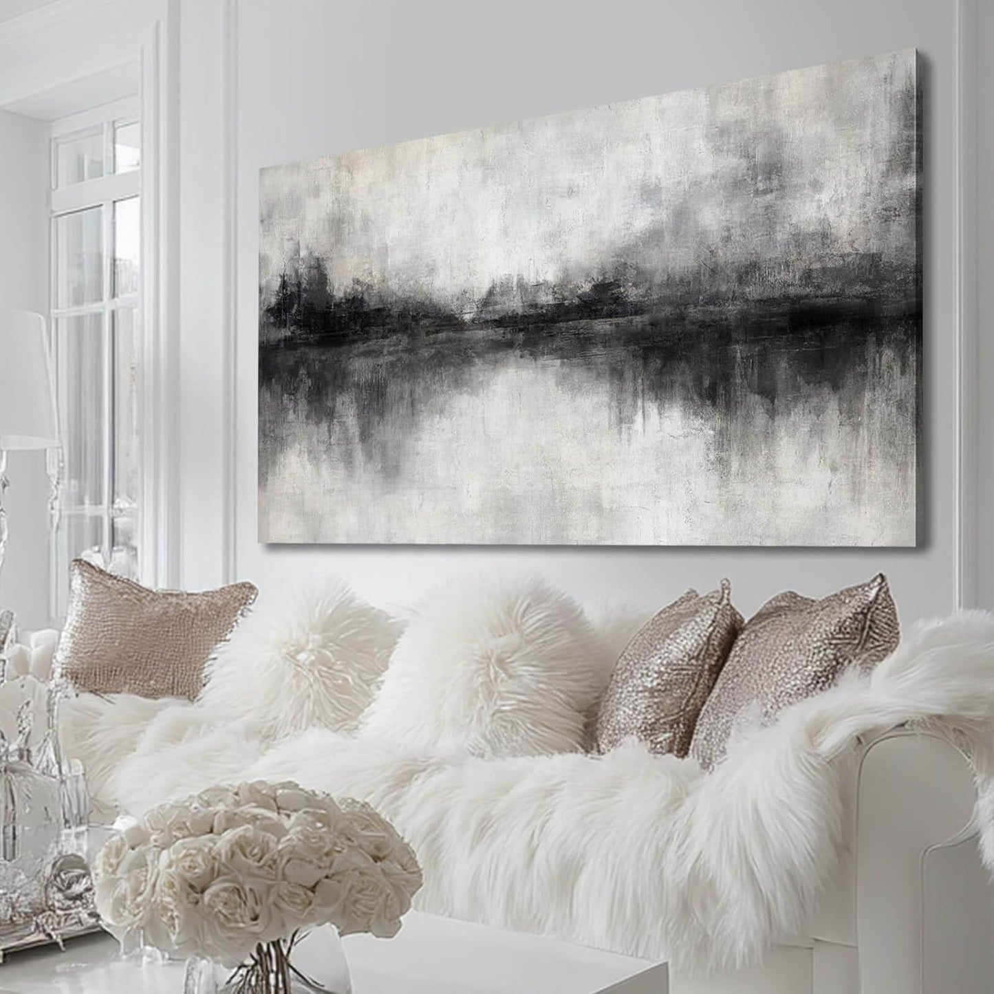 Pictures for Living Room Wall Decoration Black Wall Decor Dining Room Abstract Canvas Wall Art White Home Decor Black And Grey Office Artwork 20"x40"