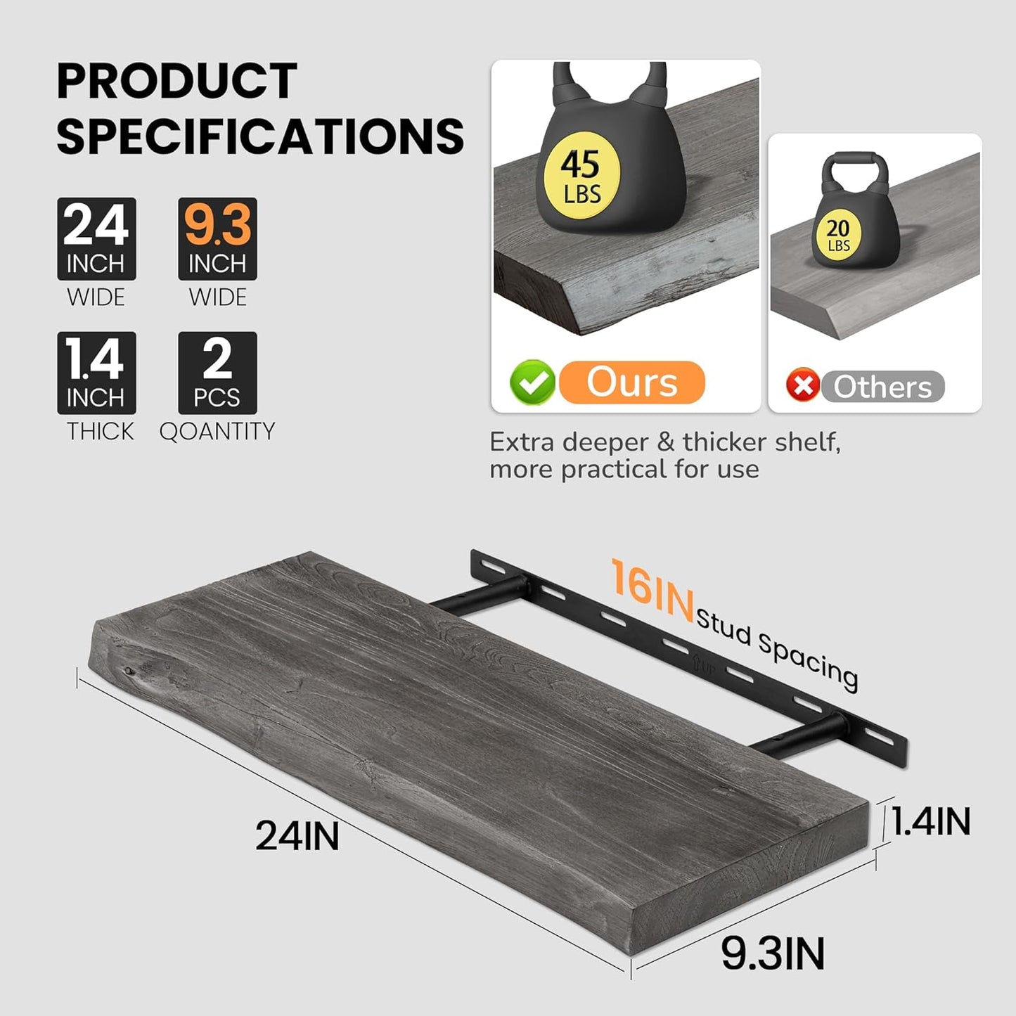 Floating Shelves for Wall, 24"x9.3" Rustic Solid Live-Edge Elm Wood Wall Shelves, Heavy-Duty Floating Shelves with Invisible Brackets, Set of 2 for Living Room, Bedroom, and Kitchen, Grey Finish